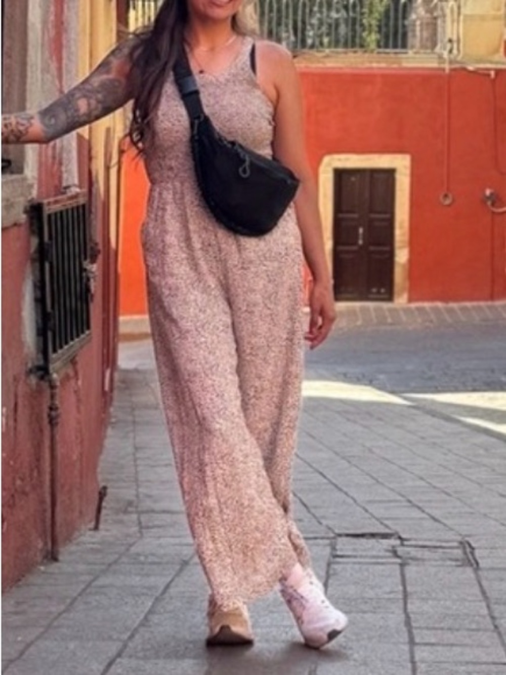 Women’s Beige leopard Jumpsuit - Casual Wide-Leg
